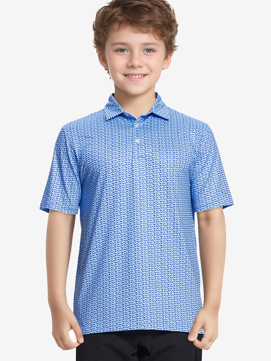 Boy golfer in BLUEJAY NAVY DOGS polo mid-putt with focused stance and smooth swing