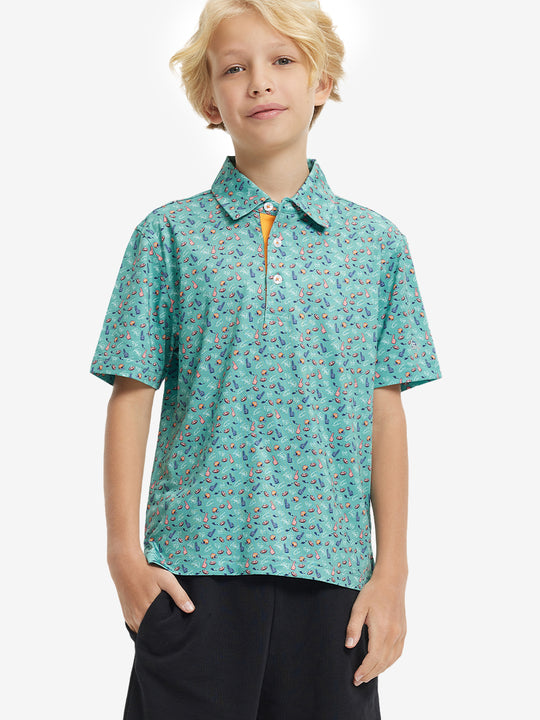 Front half-body shot of boy model in GREEN RUGBY Performance Print Boys Golf Polo, ready to play