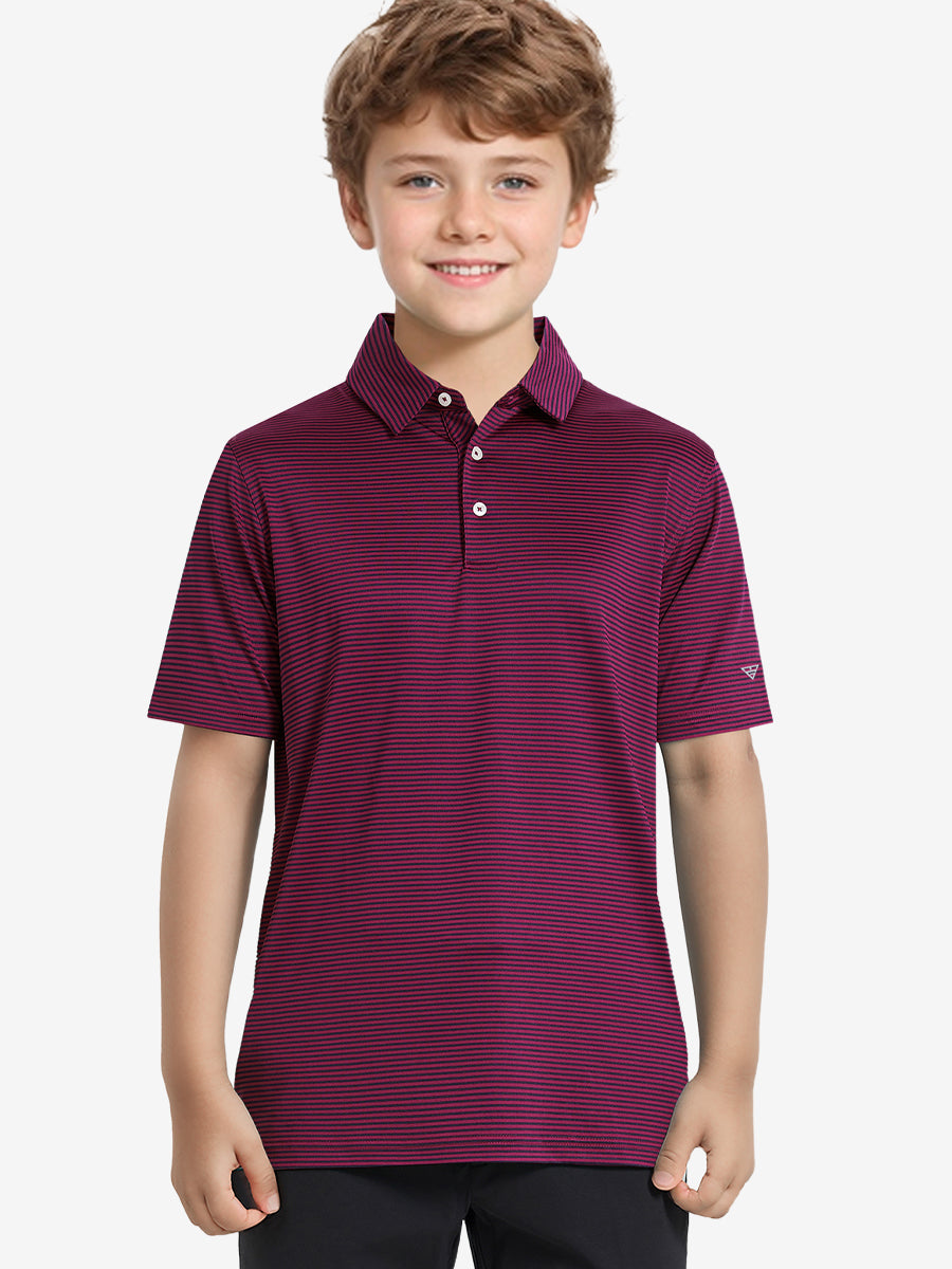 MAELREG Youth Polo – half-body front view, neutral pose in Maroon Stripe