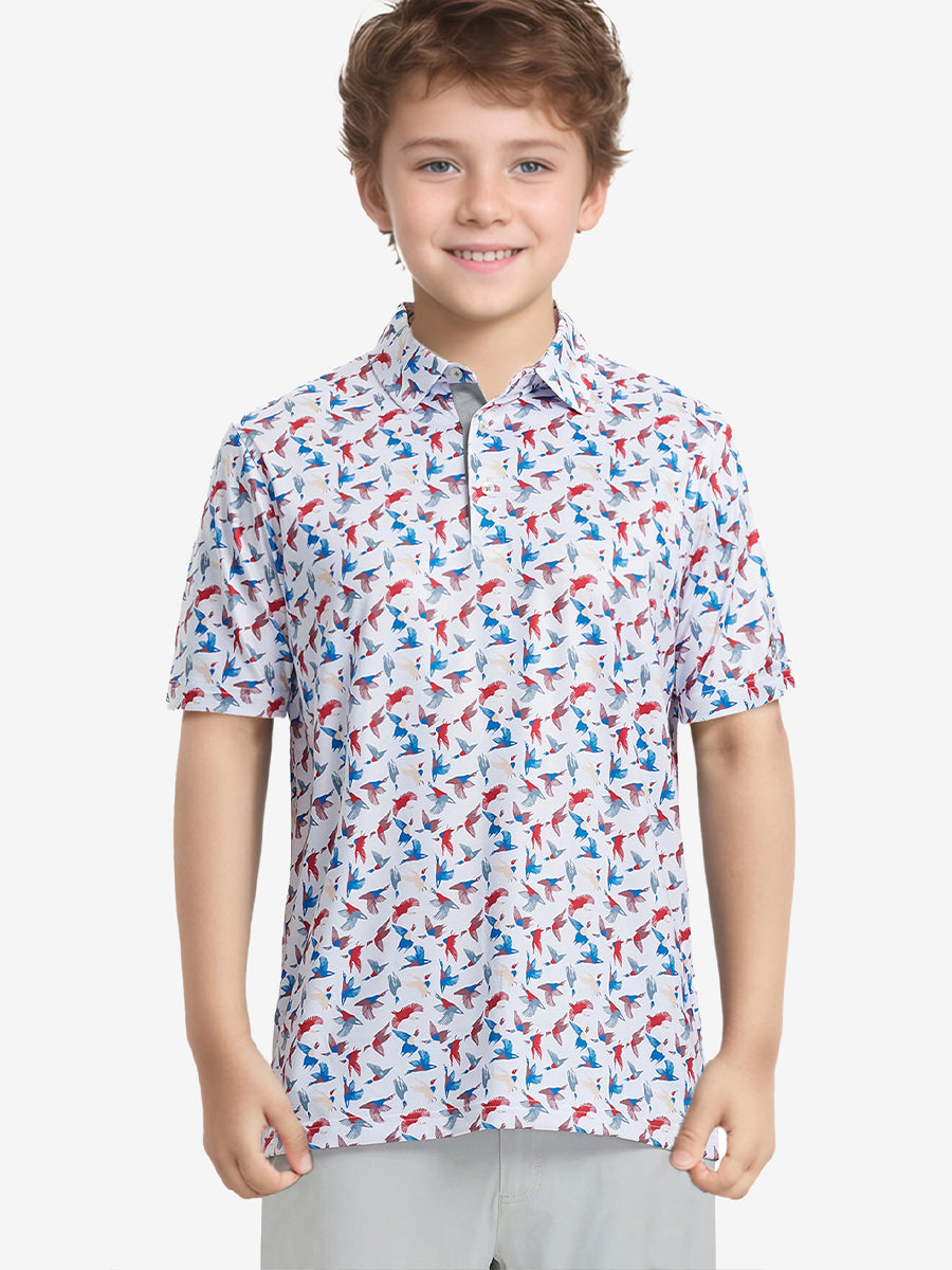 Front half-body shot of boy model in COLORFUL WILD GOOSE Performance Print Boys Golf Polo, ready to play