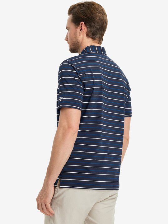 Back half-body view of model wearing NAVY STRIPE Stylish Performance Golf Polo
