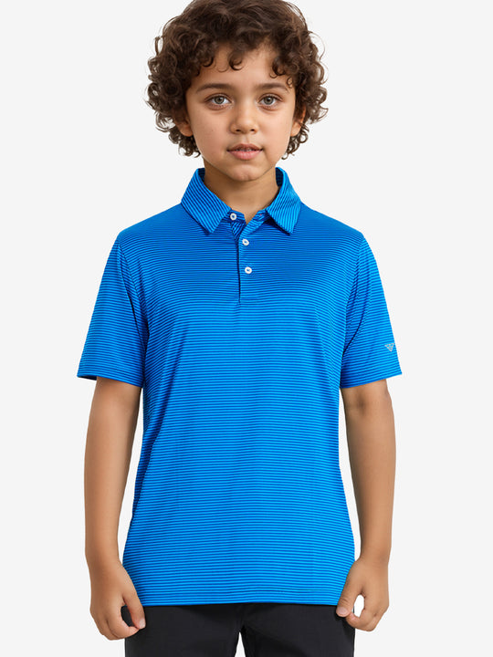 MAELREG Youth Polo – half-body front view, neutral pose in Cobalt Stripe