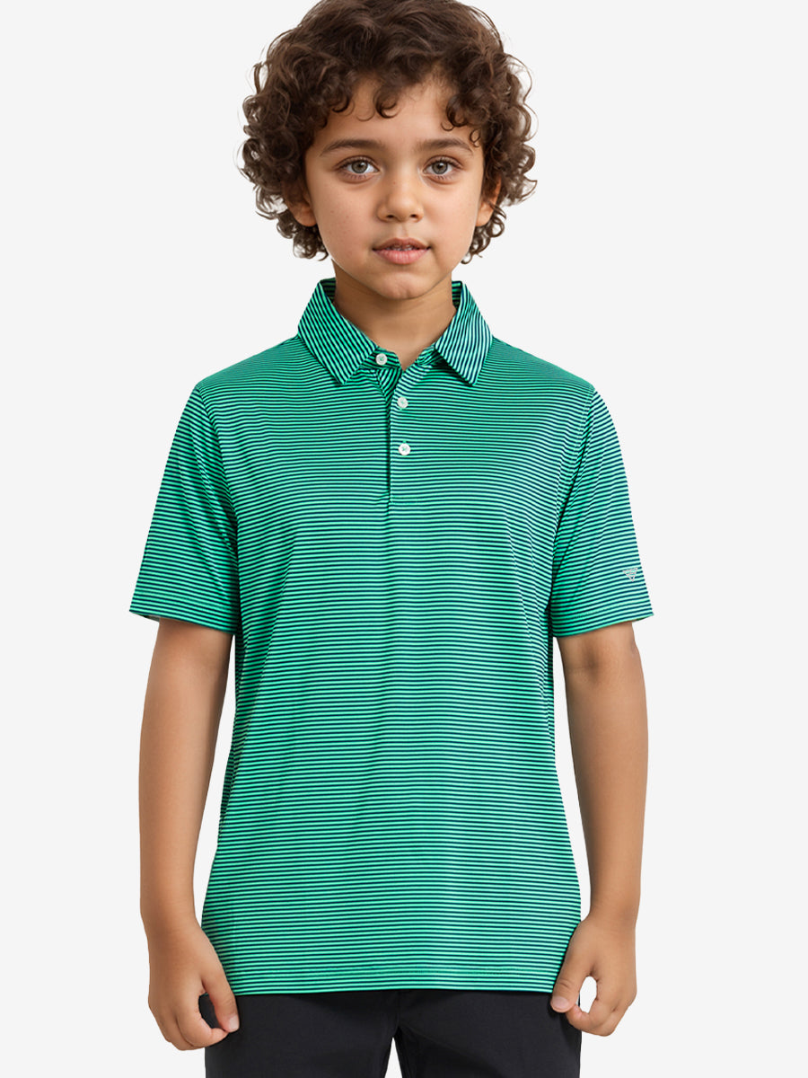 MAELREG Youth Polo – half-body front view, neutral pose in Green Stripe