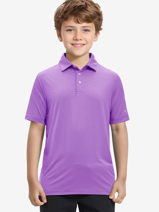 MAELREG Youth Polo – half-body front view, neutral pose in Lilac Stripe