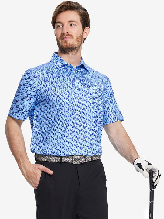 MAELREG Men's Performance Jersey Print Polo in Bluejay Navy Dogs – front half-body with golf pose
