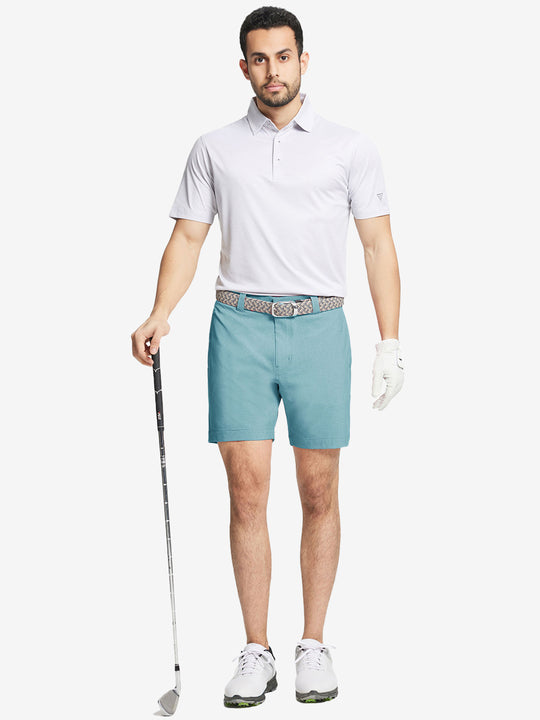 Full body front view of model wearing BLUE LIGHT Heather Performance Golf Shorts, holding a golf club