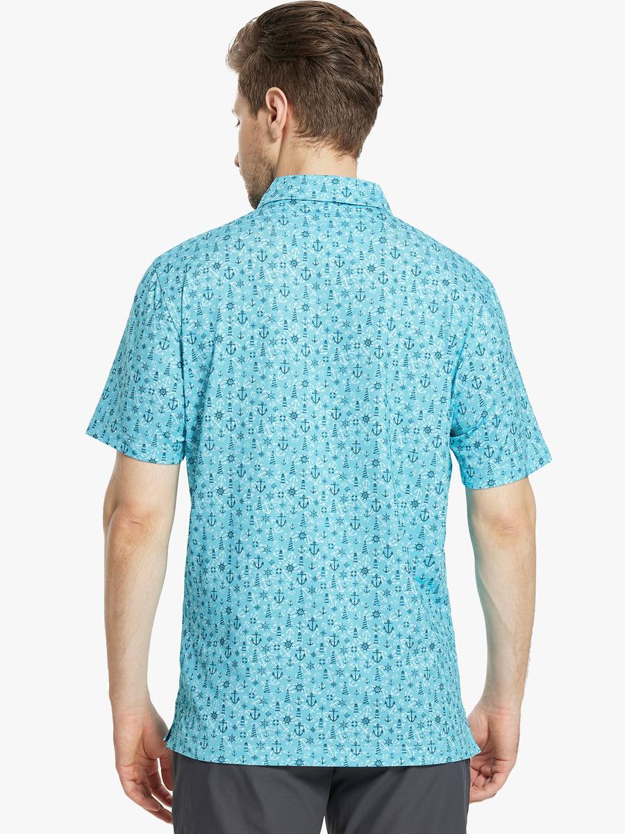 Back view of MAELREG Men's Performance Jersey Print Polo in Beacon Boat Anchor – athletic fit