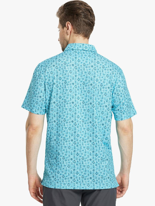 Back view of MAELREG Men's Performance Jersey Print Polo in Beacon Boat Anchor – athletic fit