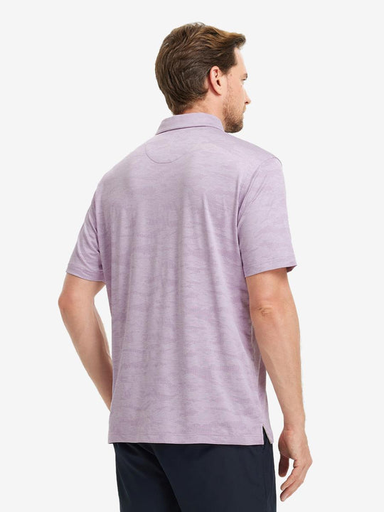 LILAC HEATHER Camo Heather Jacquard Polo back view, half body of model