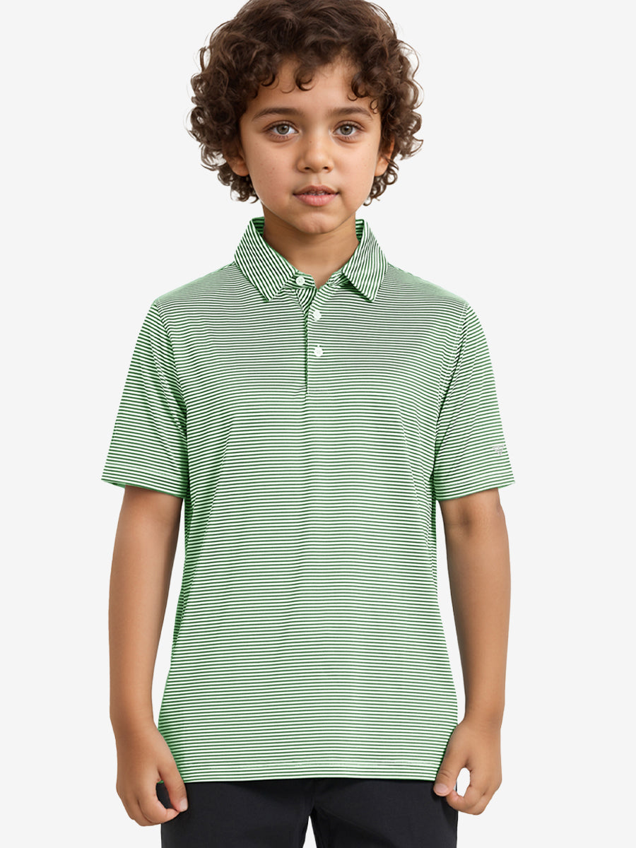 MAELREG Youth Polo – half-body front view, neutral pose in Emerald Stripe