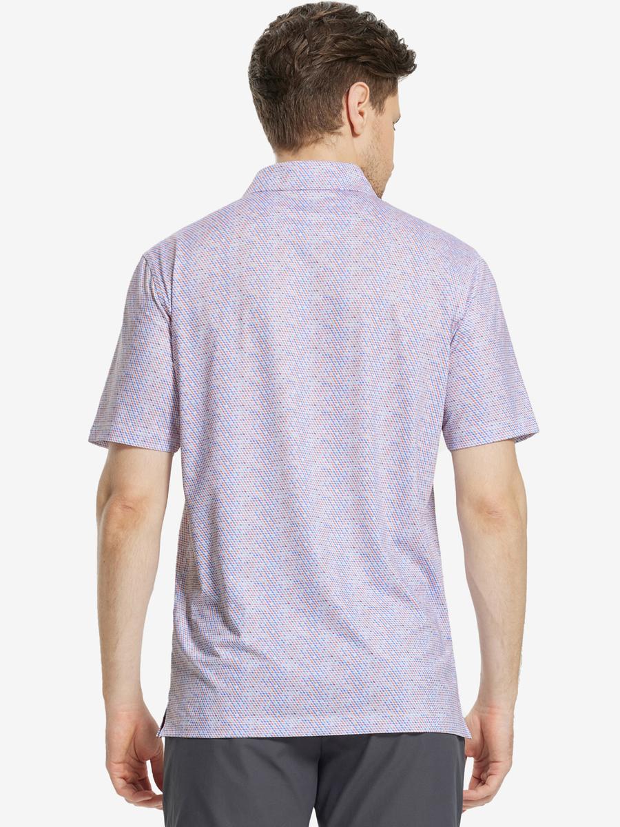 Back view of MAELREG Men's Performance Jersey Print Polo in Colourful Hexagon – athletic fit