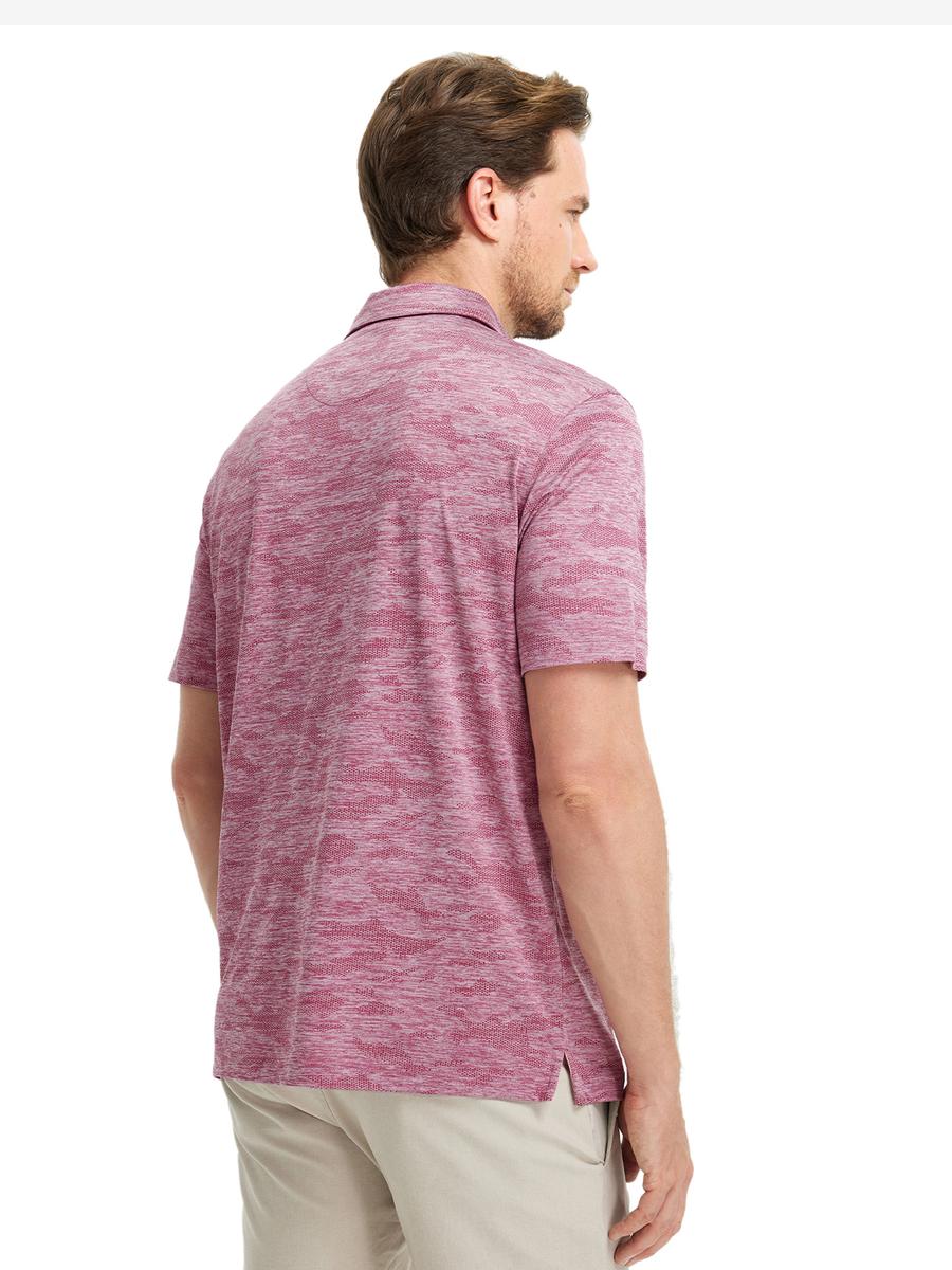 DUSTY ROSE HEATHER Camo Heather Jacquard Polo back view, half body of model