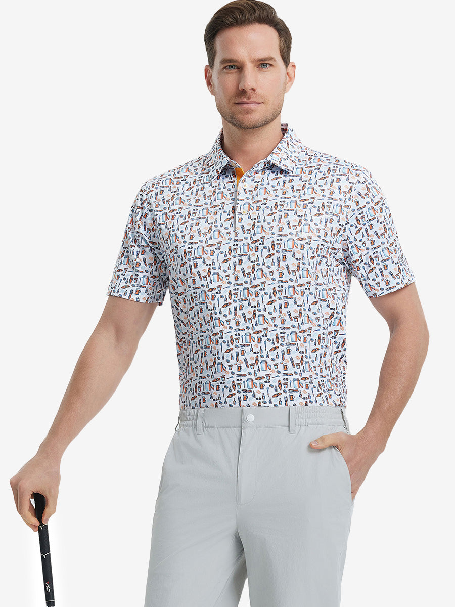 MAELREG Men's Performance Jersey Print Polo in White Orange Picnic – front half-body with golf pose