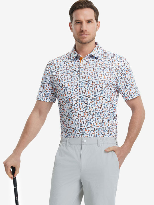 MAELREG Men's Performance Jersey Print Polo in White Orange Picnic – front half-body with golf pose