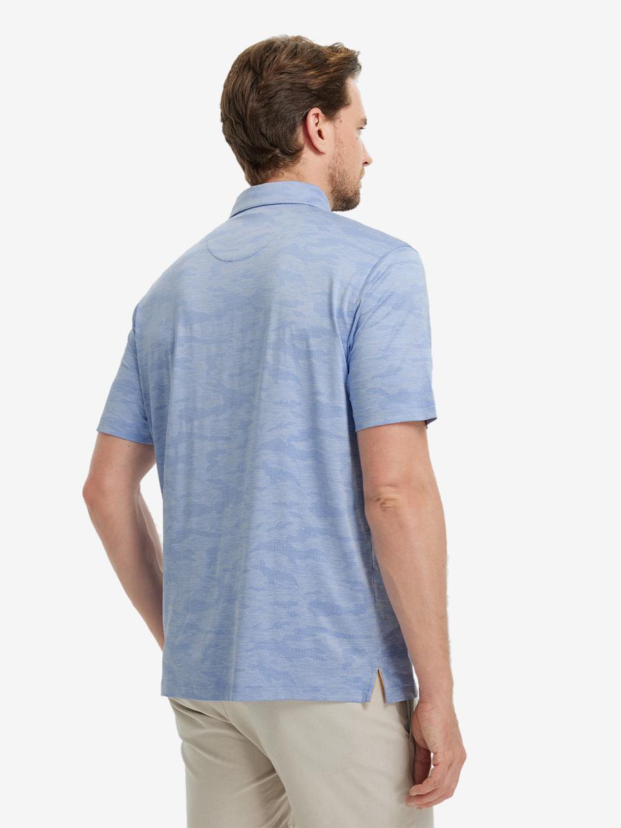 BLUE HEATHER Camo Heather Jacquard Polo back view, half body of model