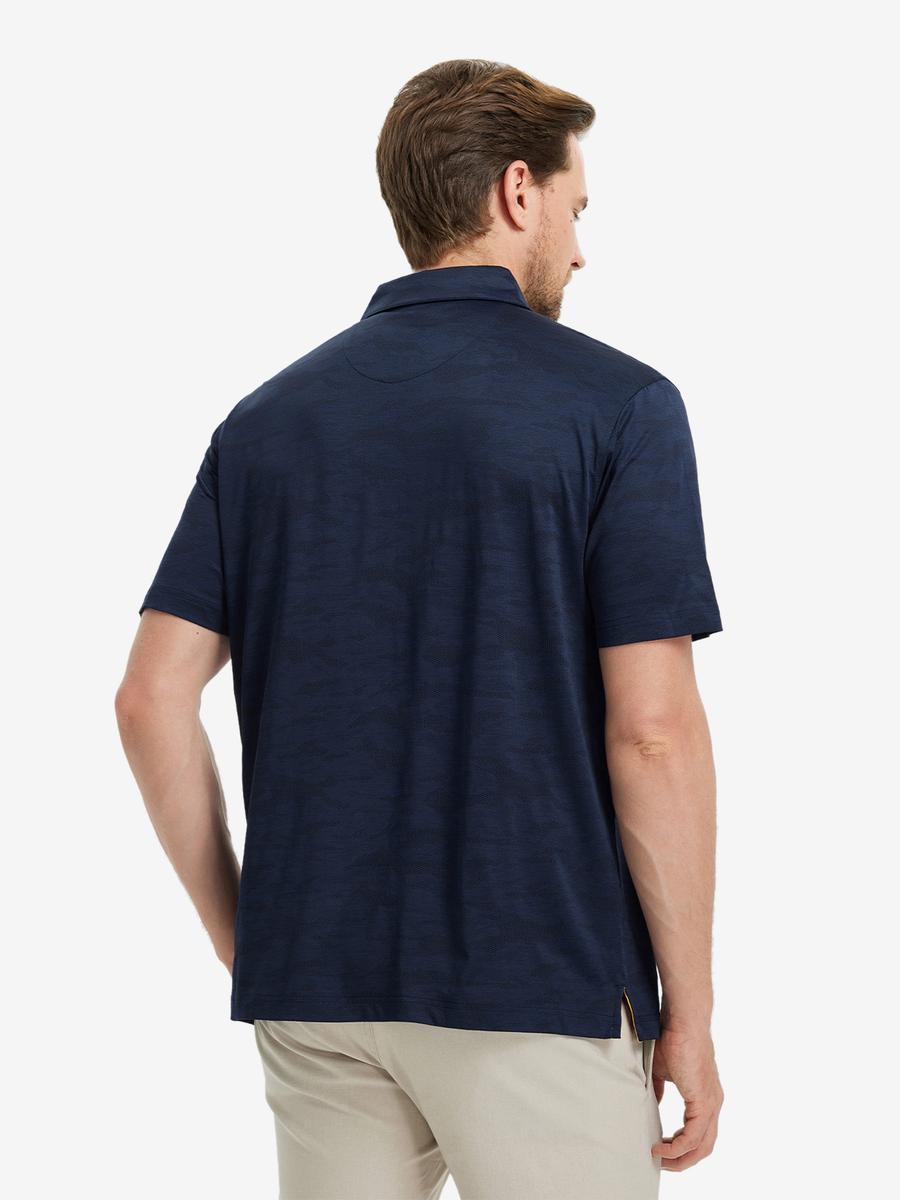 NAVY HEATHER Camo Heather Jacquard Polo back view, half body of model