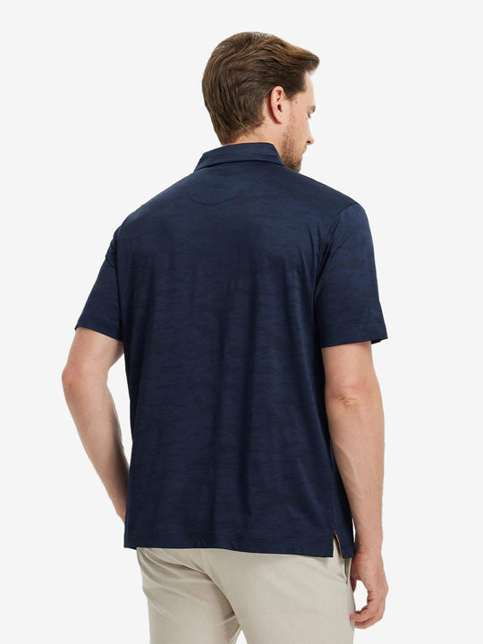 NAVY HEATHER Camo Heather Jacquard Polo back view, half body of model