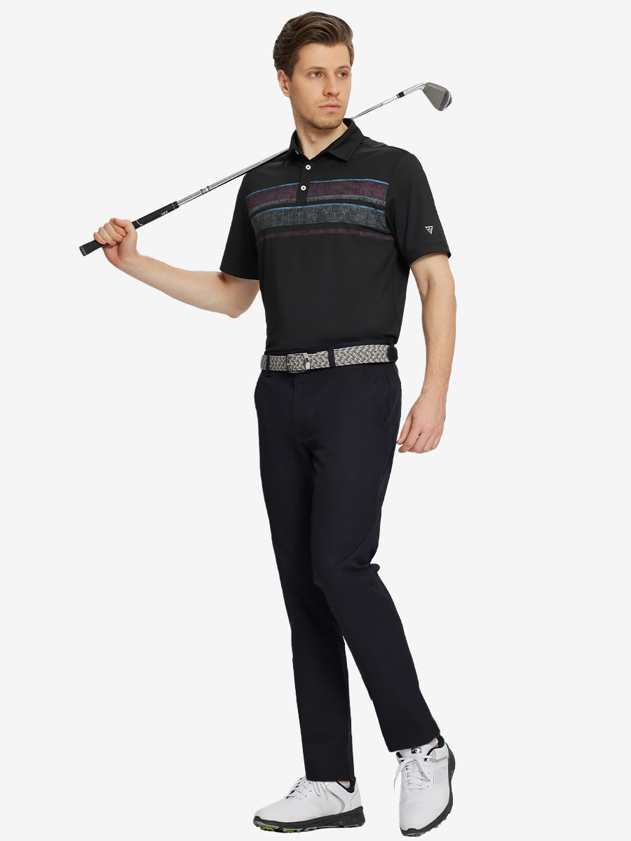 Full body front view of model wearing BLACK Water Resistant Everyday Pants, holding a golf club