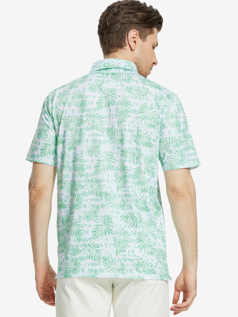 Back view of MAELREG Men's Performance Jersey Print Polo in Light Green Leaf – athletic fit