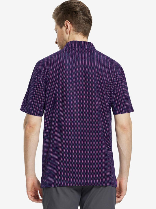 Back view of MAELREG Men's Performance Jersey Print Polo in Black Purple Flower – athletic fit