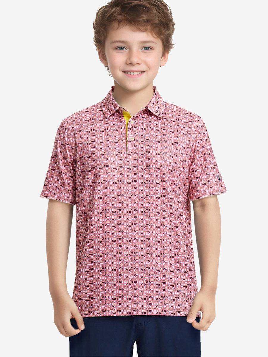 Boy holding golf club in PINK DONUT golf polo — fun meets performance on the course