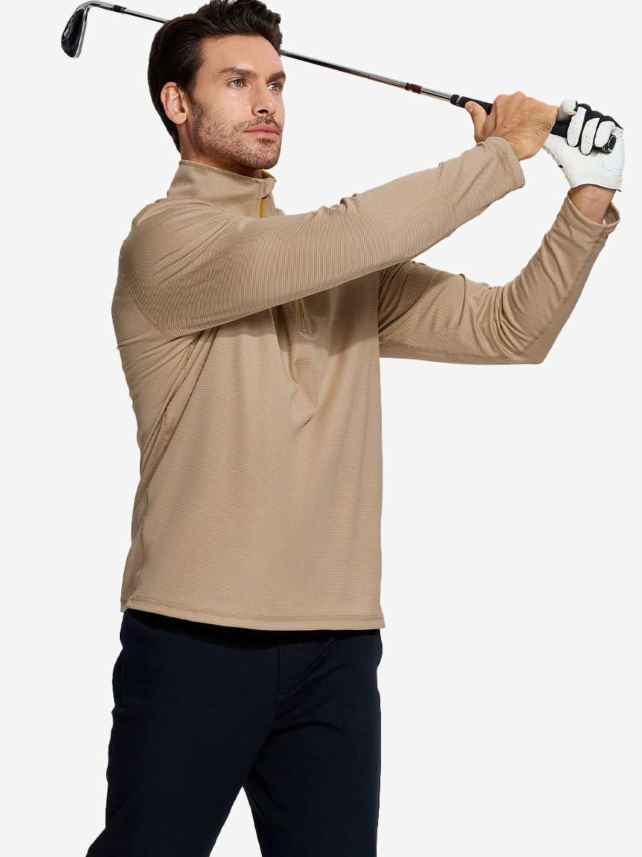 Half-body front view of model holding golf club in Pinstripe Quarter Zip Pullover – APRICOT MELANGE