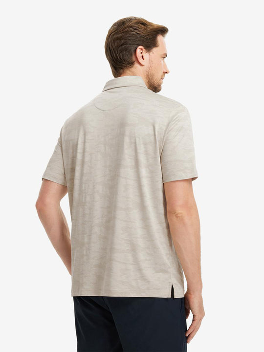 KHAKI HEATHER Camo Heather Jacquard Polo back view, half body of model