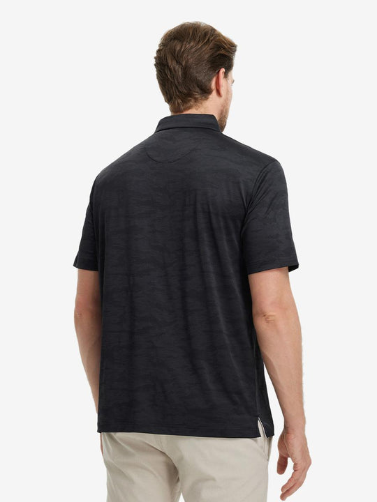 BLACK HEATHER Camo Heather Jacquard Polo back view, half body of model