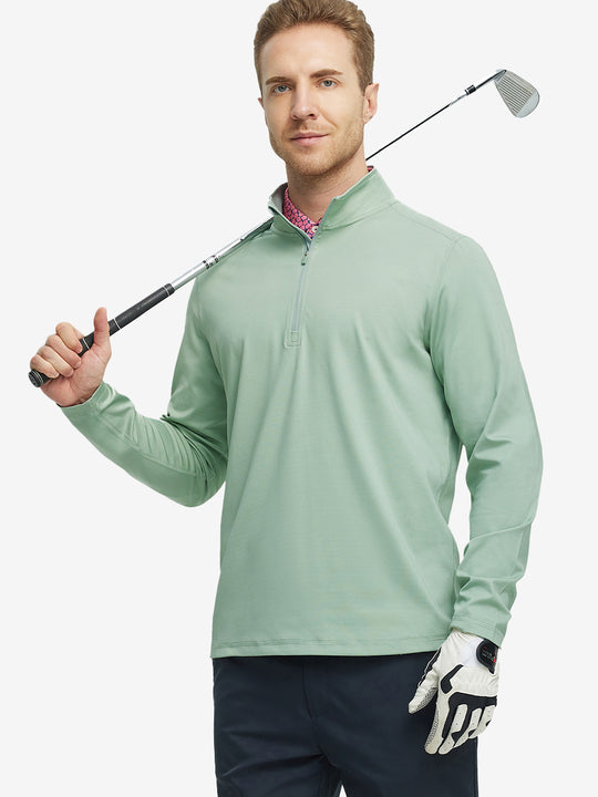 Half-body front view of model holding golf club in Pinstripe Quarter Zip Pullover – BERYL GREEN MELANGE