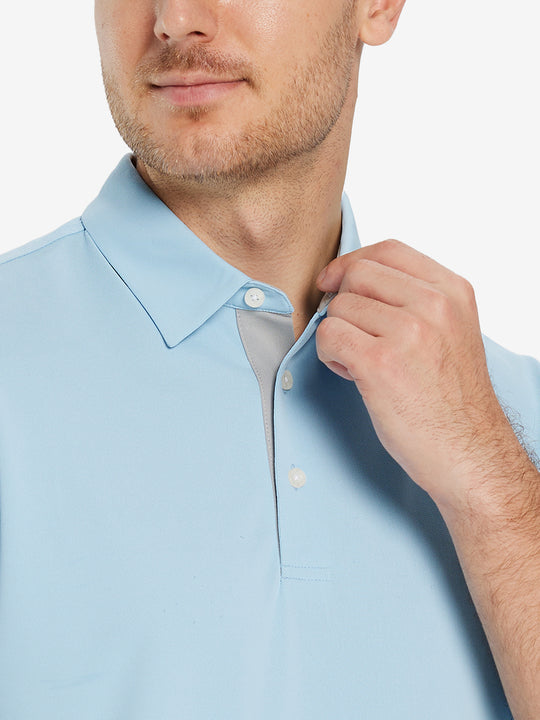 Model front close-up from nose to chest wearing SKY BLUE Ventilated Pique Performance Polo