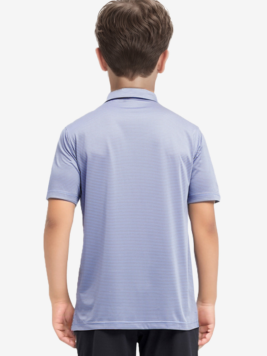 Back view of Youth Cooling Polo – half-body model in BluishYellow Stripe