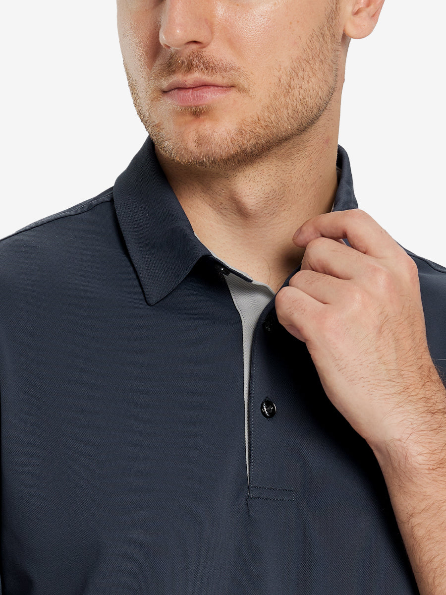 Model front close-up from nose to chest wearing DARK GREY Ventilated Pique Performance Polo