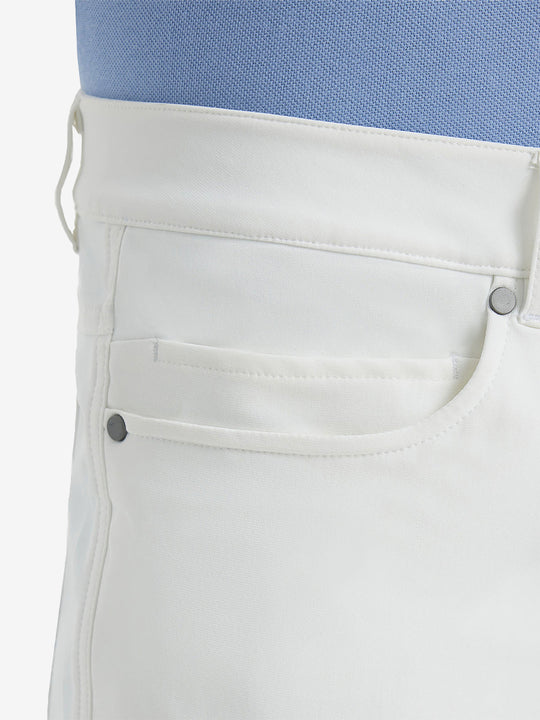 Close-up of right front pocket on Stretch Plain Everyday Pants, detailed stitching – WHITE