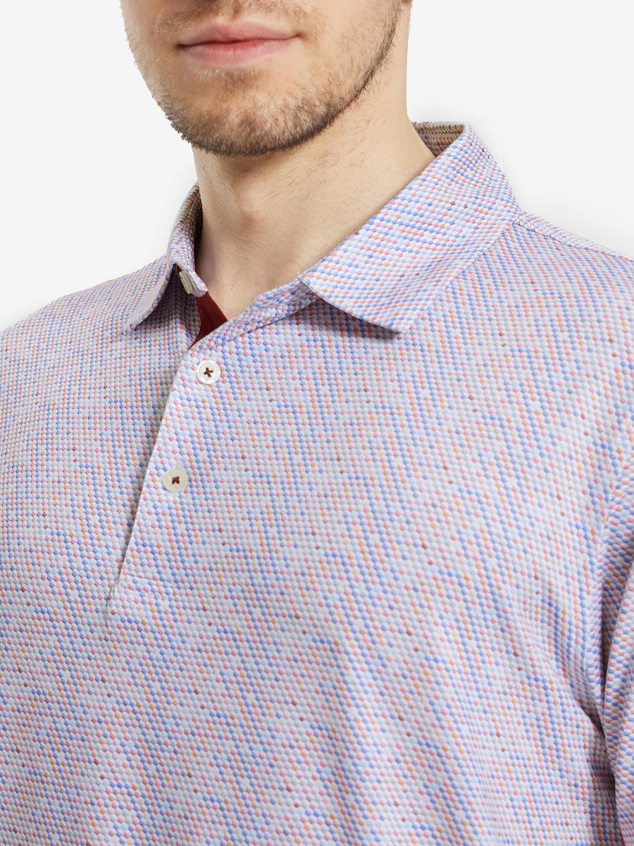 MAELREG Men's Performance Jersey Print Polo – Front chest view in Colourful Hexagon