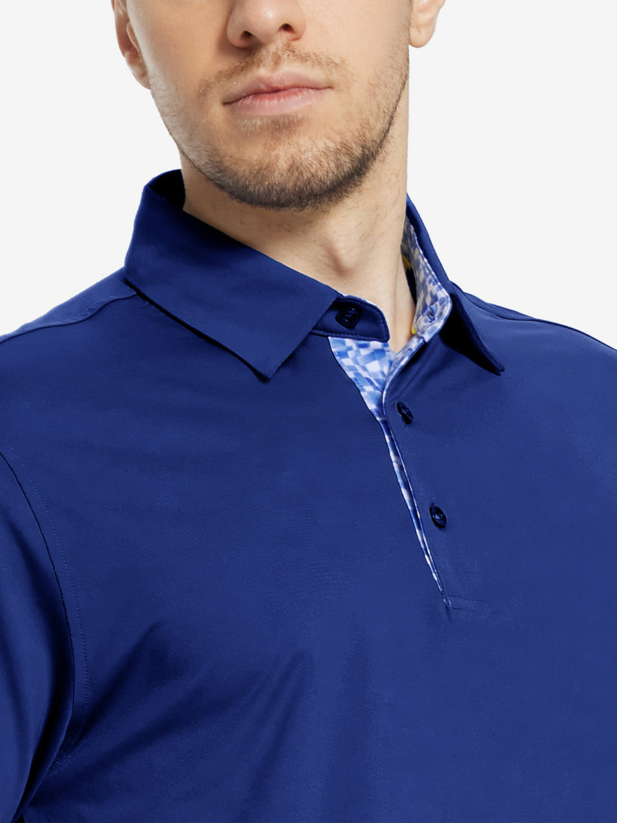 Male model wearing the Klein Blue Everyday Classic Solid Polo, front view from nose to chest