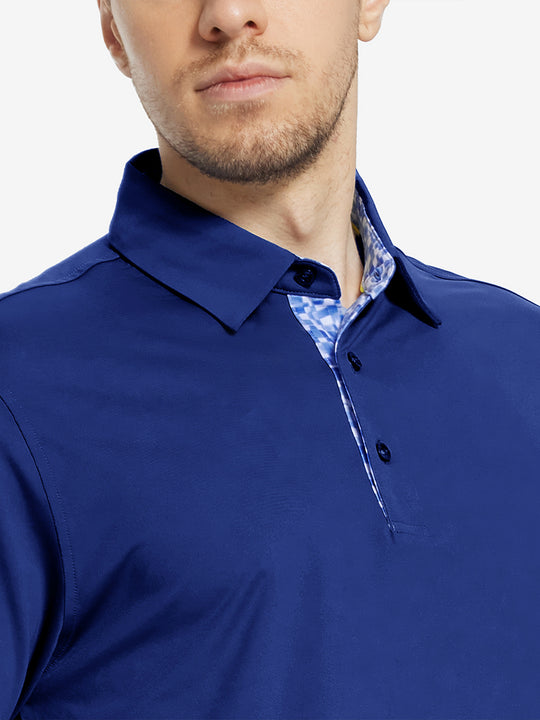Male model wearing the Klein Blue Everyday Classic Solid Polo, front view from nose to chest