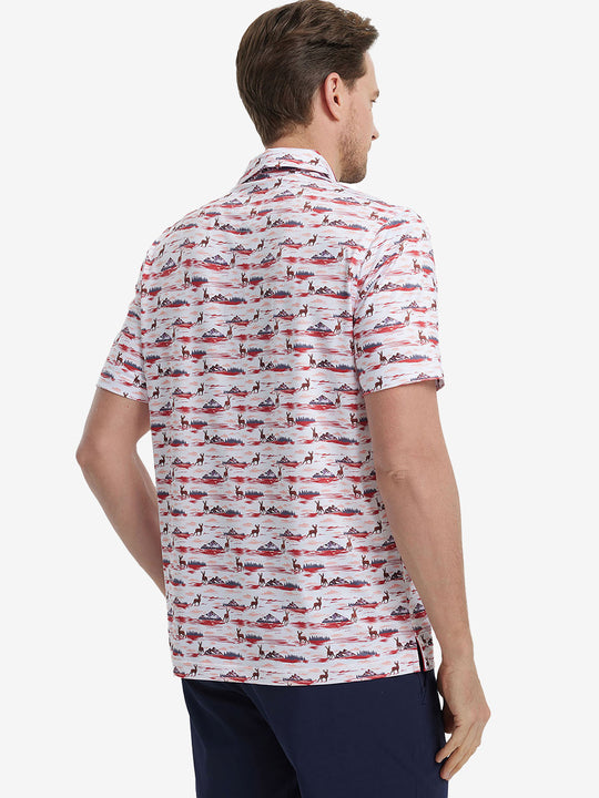 Back view of MAELREG Men's Performance Jersey Print Polo in Sunset Elk – athletic fit