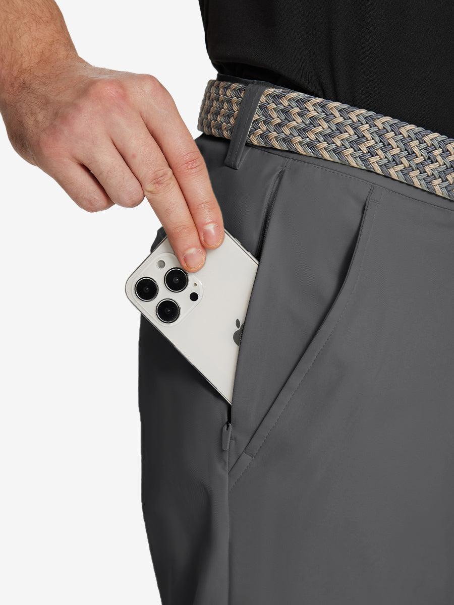 DARK GREY Water Resistant Everyday Pants detail shot of iPhone in side pocket
