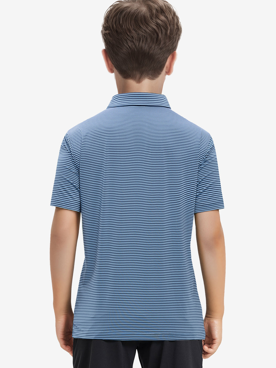 Back view of Youth Cooling Polo – half-body model in Blue Denim Stripe