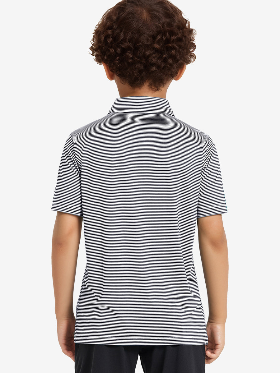Back view of Youth Cooling Polo – half-body model in Navy Stripe