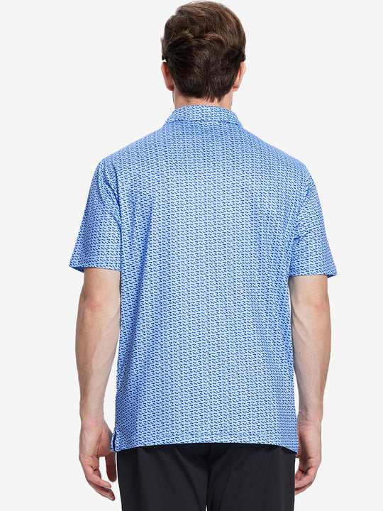 Back view of MAELREG Men's Performance Jersey Print Polo in Bluejay Navy Dogs – athletic fit