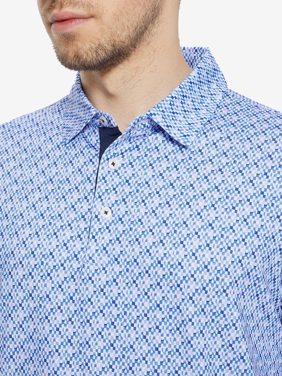 MAELREG Men's Performance Jersey Print Polo – Front chest view in Gingham Mosaic