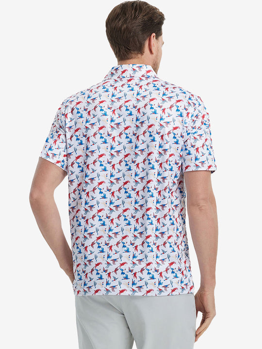 Back view of MAELREG Men's Performance Jersey Print Polo in Colorful Wild Goose – athletic fit