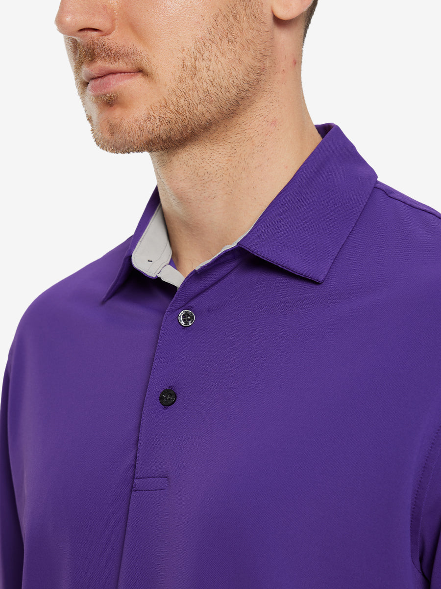 Model front close-up from nose to chest wearing PURPLE Ventilated Pique Performance Polo