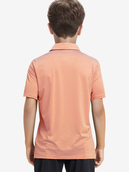 Back view of Youth Cooling Polo – half-body model in Orange Stripe