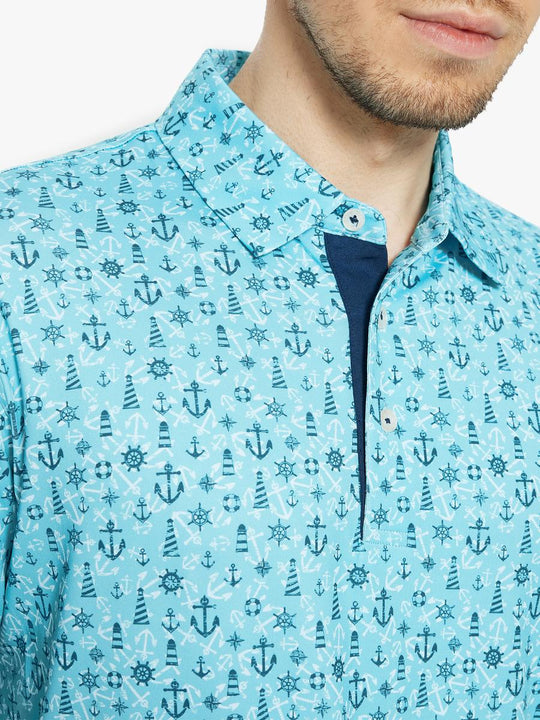 MAELREG Men's Performance Jersey Print Polo – Front chest view in Beacon Boat Anchor