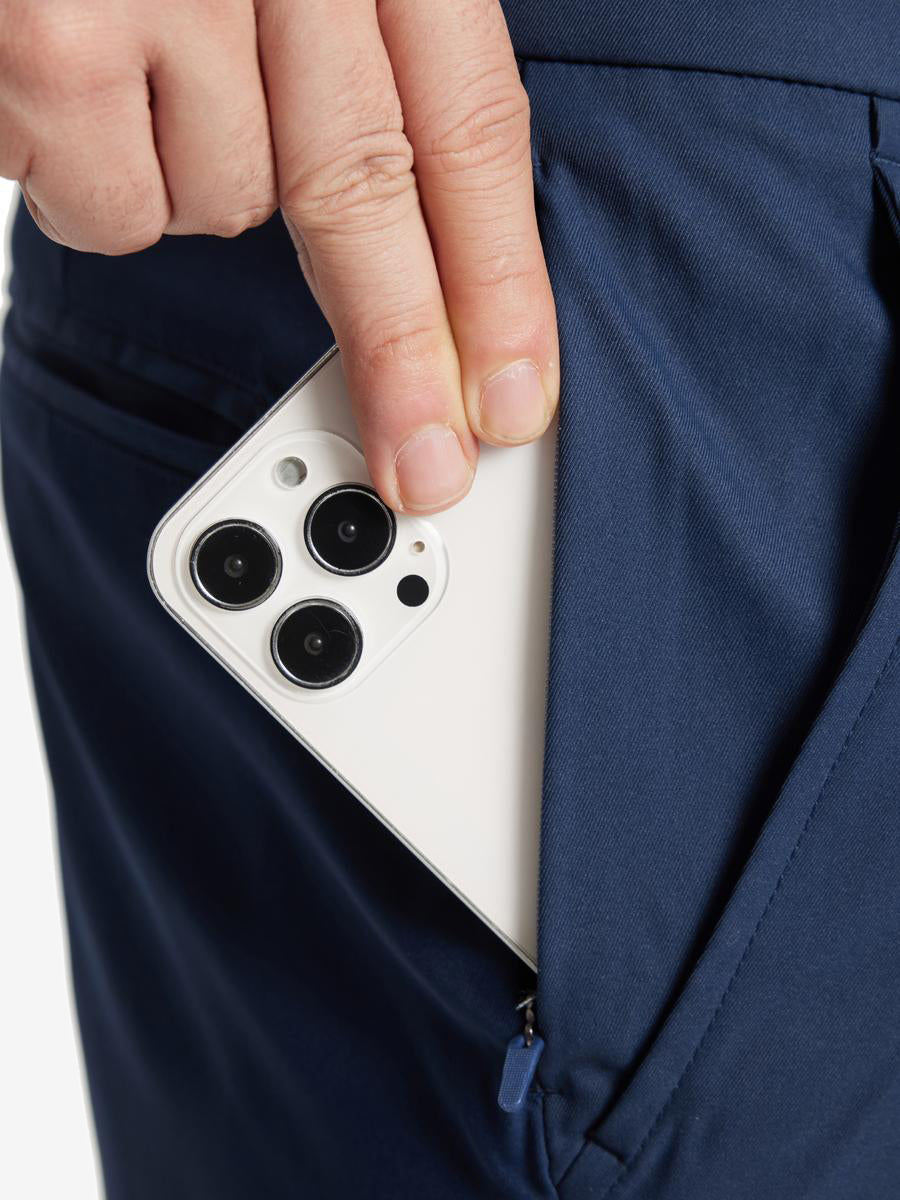 iPhone in pocket detail – MAELREG Water Resistant Shorts, 9 Inch Navy