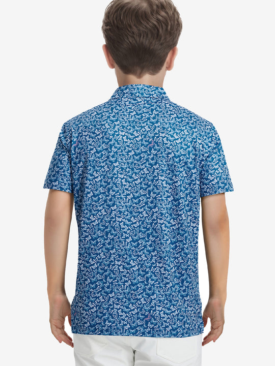 Back half-body view of polo with butterfly details and shoulder fit in focus