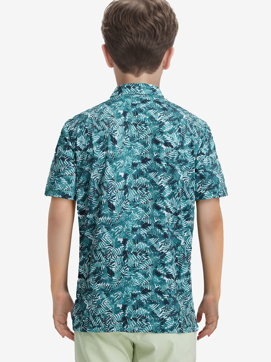 Back half-body view shows clean fit and dynamic leaf print in motion