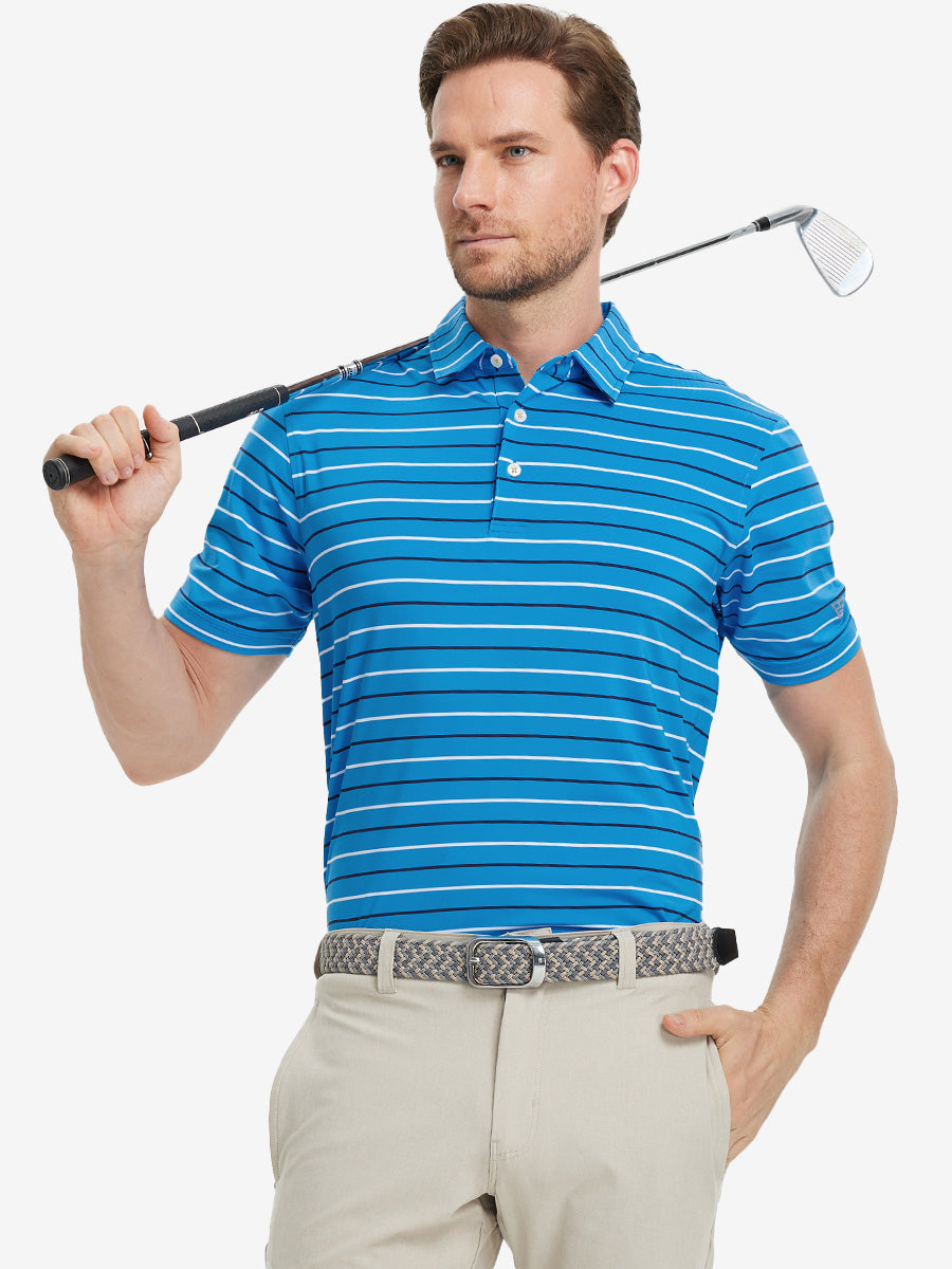 Model in CLASSIC BLUE STRIPE Golf Polo holding club — dynamic front half-body pose